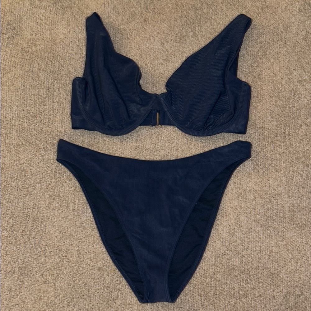 Navy Blue Textured Bralette Bikini Set